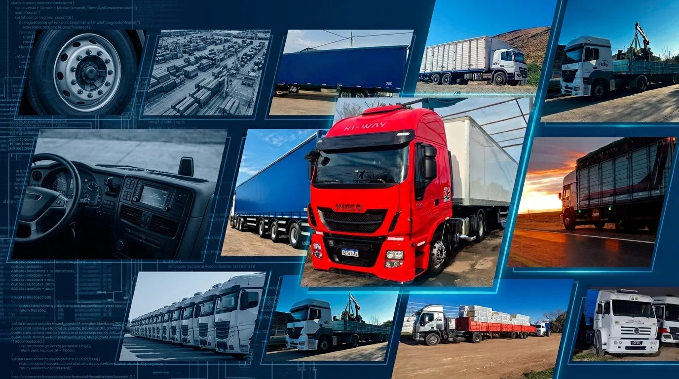 Composición de imágenes de transporte de cargas: equipos tractores, semirremolques y contenedores